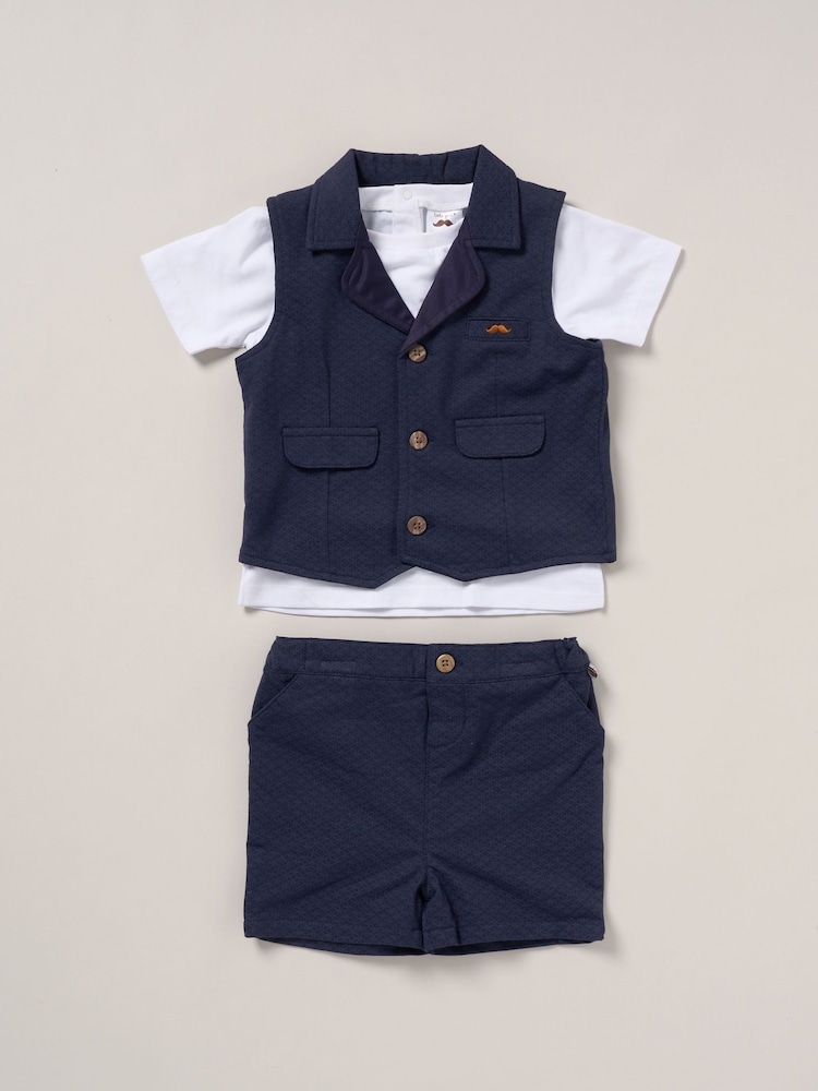Little Gent Blue 100% Cotton T-Shirt Shorts and Waistcoat Outfit Set - Image 1 of 4