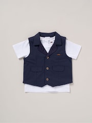 Little Gent Blue 100% Cotton T-Shirt Shorts and Waistcoat Outfit Set - Image 2 of 4