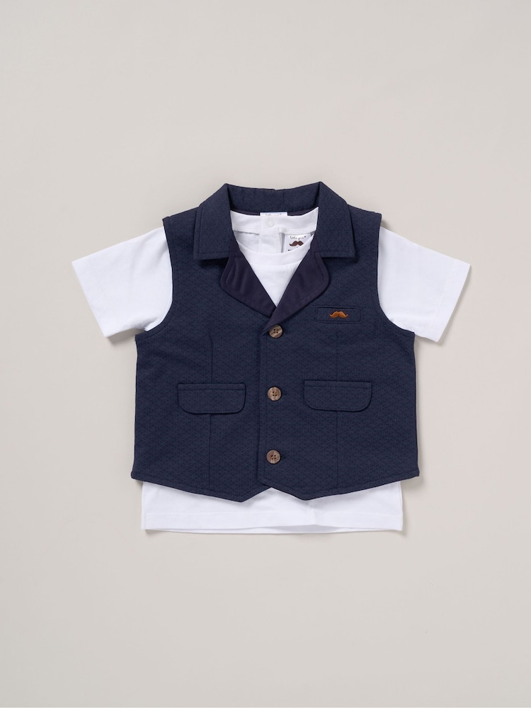 Little Gent Blue 100% Cotton T-Shirt Shorts and Waistcoat Outfit Set - Image 2 of 4