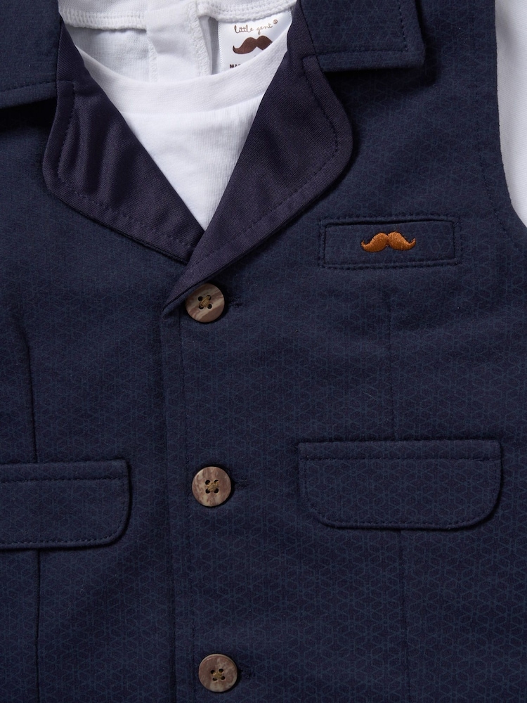 Little Gent Blue 100% Cotton T-Shirt Shorts and Waistcoat Outfit Set - Image 4 of 4