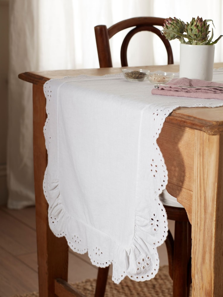 Secret Linen Store White Bonnie Broderie Cotton Linen Table Runner - Image 1 of 3