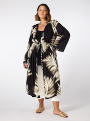 Live Unlimited Black Leaf Print Longline Drawstring Kimono - Image 3 of 6