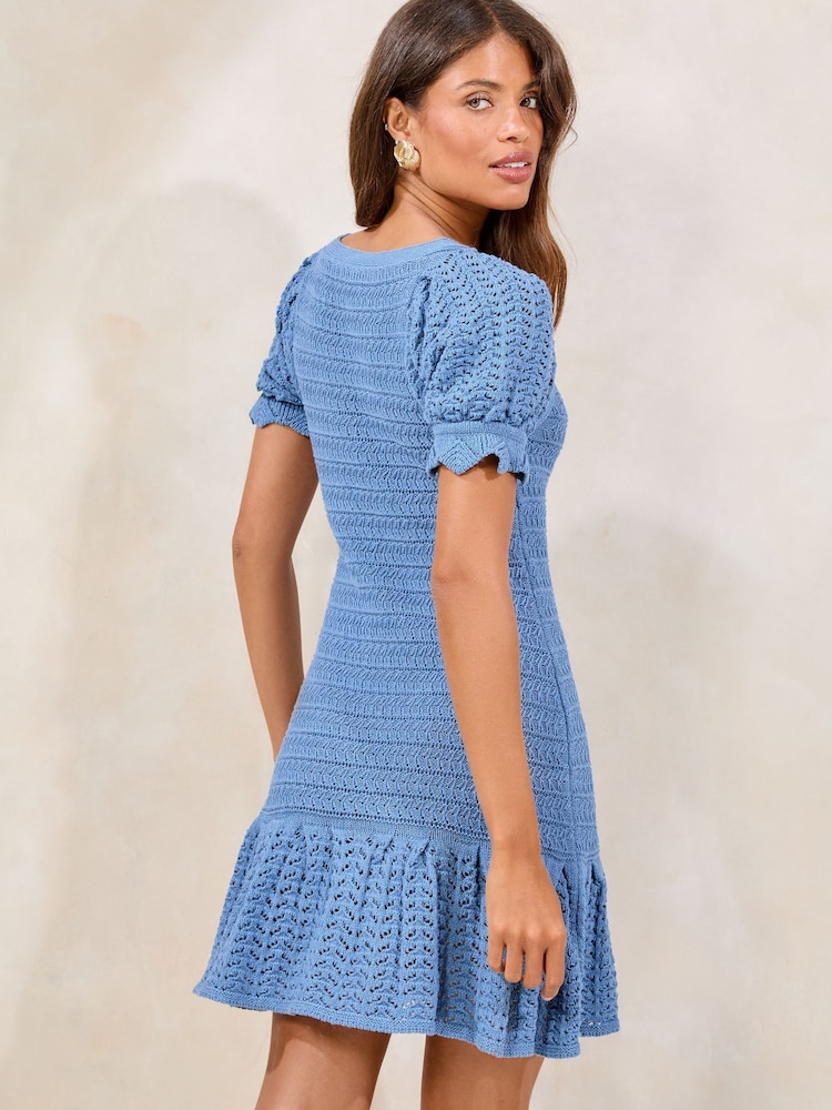 Lipsy Blue Mini Summer Crochet Knit Dress - Image 4 of 4