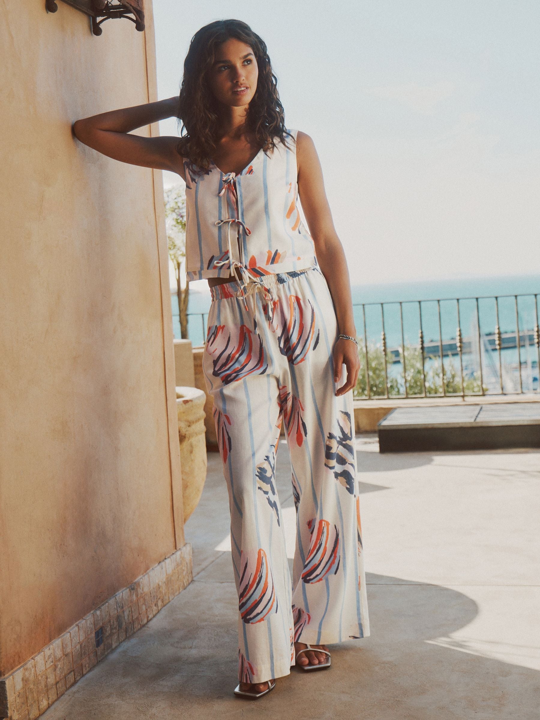 Buy Blue/Ecru Tie Front Top With Linen from Next USA