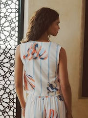 Blue/Ecru Tie Front Top With Linen - Image 4 of 8