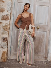 Multi-Coloured Stripe Pull On Wide Leg Trousers - Image 1 of 7