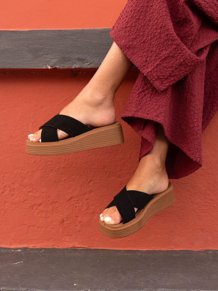 Novo Black Wide Fit BRUNO Cross Strap Flatform Mule Sandals - Image 1 of 6