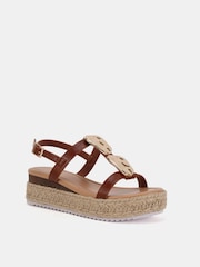 Novo Brown Wide Fit SASKIA Hardware Detail Espadrille Flatform Sandals - Image 3 of 6