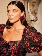 Friends Like These X Lucy Mecklenburgh Red/Black Puff Sleeve Floral Jacquard Mini Dress - Image 2 of 5