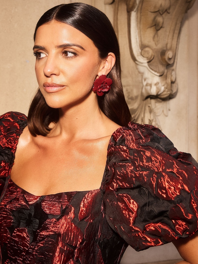 Friends Like These X Lucy Mecklenburgh Red/Black Puff Sleeve Floral Jacquard Mini Dress - Image 2 of 5 Friends Like These X Lucy Mecklenburgh Red/Black Puff Sleeve Floral Jacquard Mini Dress - Image 2 of 5