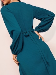 Friends Like These Teal Blue Textured Jersey V-Neck Long Sleeve Midi Dress - Image 2 of 4