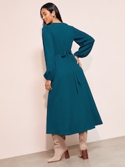 Friends Like These Teal Blue Textured Jersey V-Neck Long Sleeve Midi Dress - Image 4 of 4