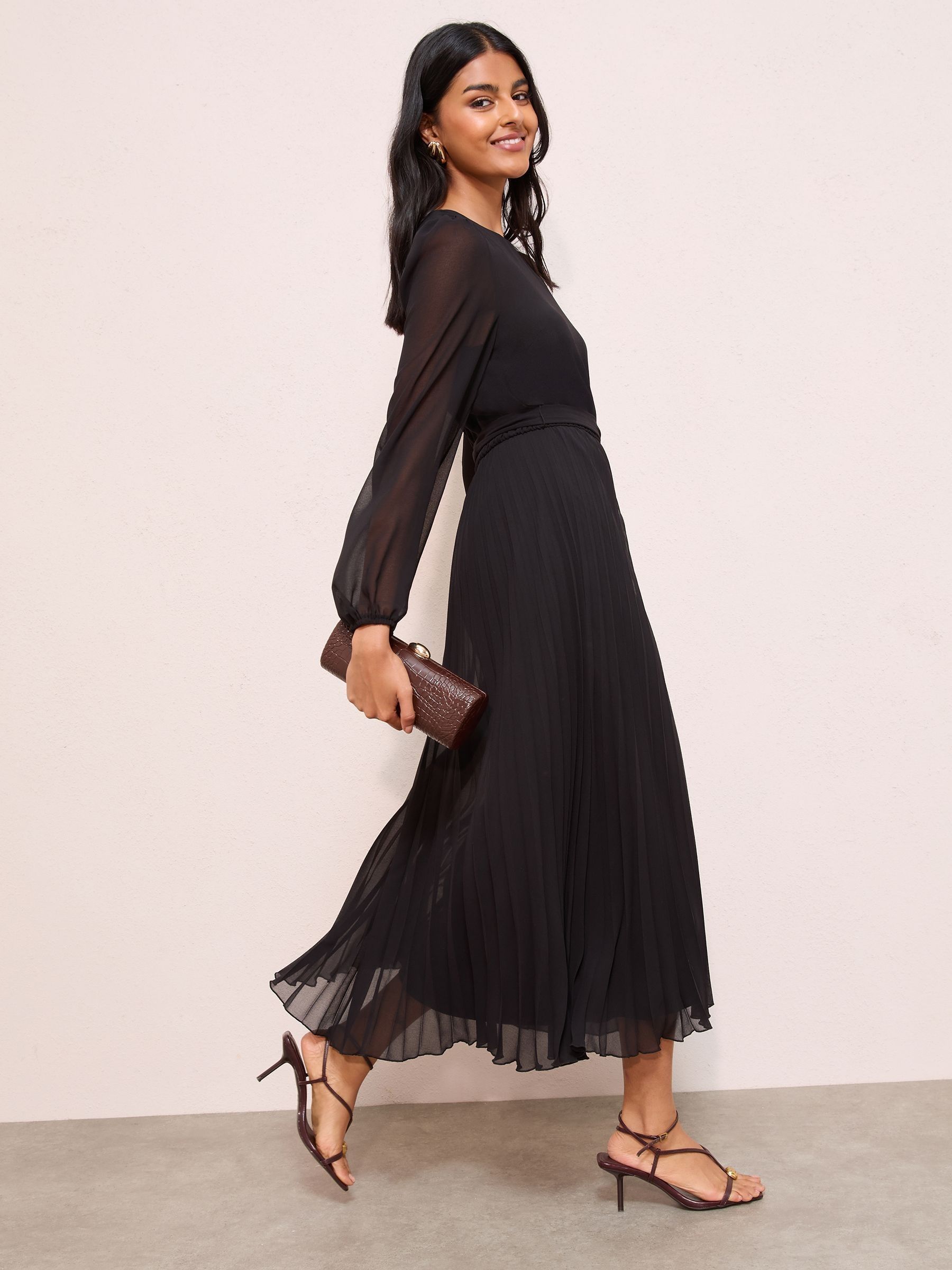 Buy Friends Like These Black Pleated Chiffon Flutter Sleeve Midi