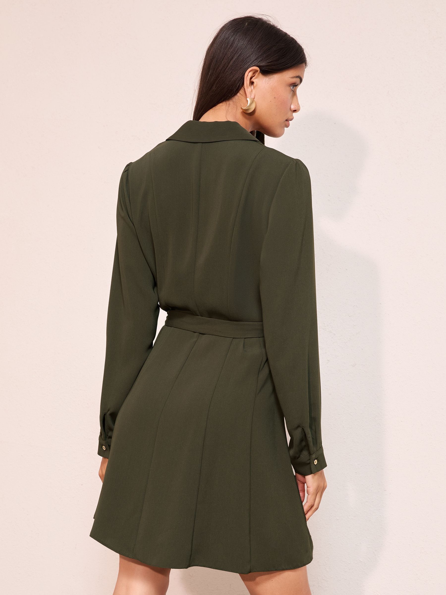 olive green shirt dress womens Military-inspired Dress, Army Green Midi Shirt Dress for Women, A-line  Summer Pleated Work Dress, Short Sleeve Swing Dress, Xiaolizi 2821#
