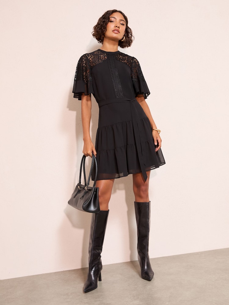 Friends Like These Black Lace Insert Flutter sleeve Mini Dress - Image 2 of 5