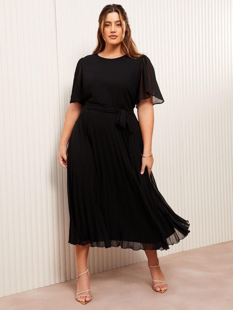 Friends Like These Black Curve Angel Sleeve Chiffon Pleat Midi Dress - Image 1 of 4 Friends Like These Black Curve Angel Sleeve Chiffon Pleat Midi Dress - Image 1 of 4