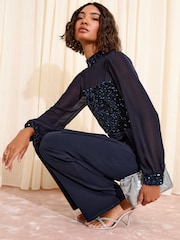Friends Like These Navy Blue Chiffon Scuba Sequin Wide Leg Jumpsuit - Image 4 of 5