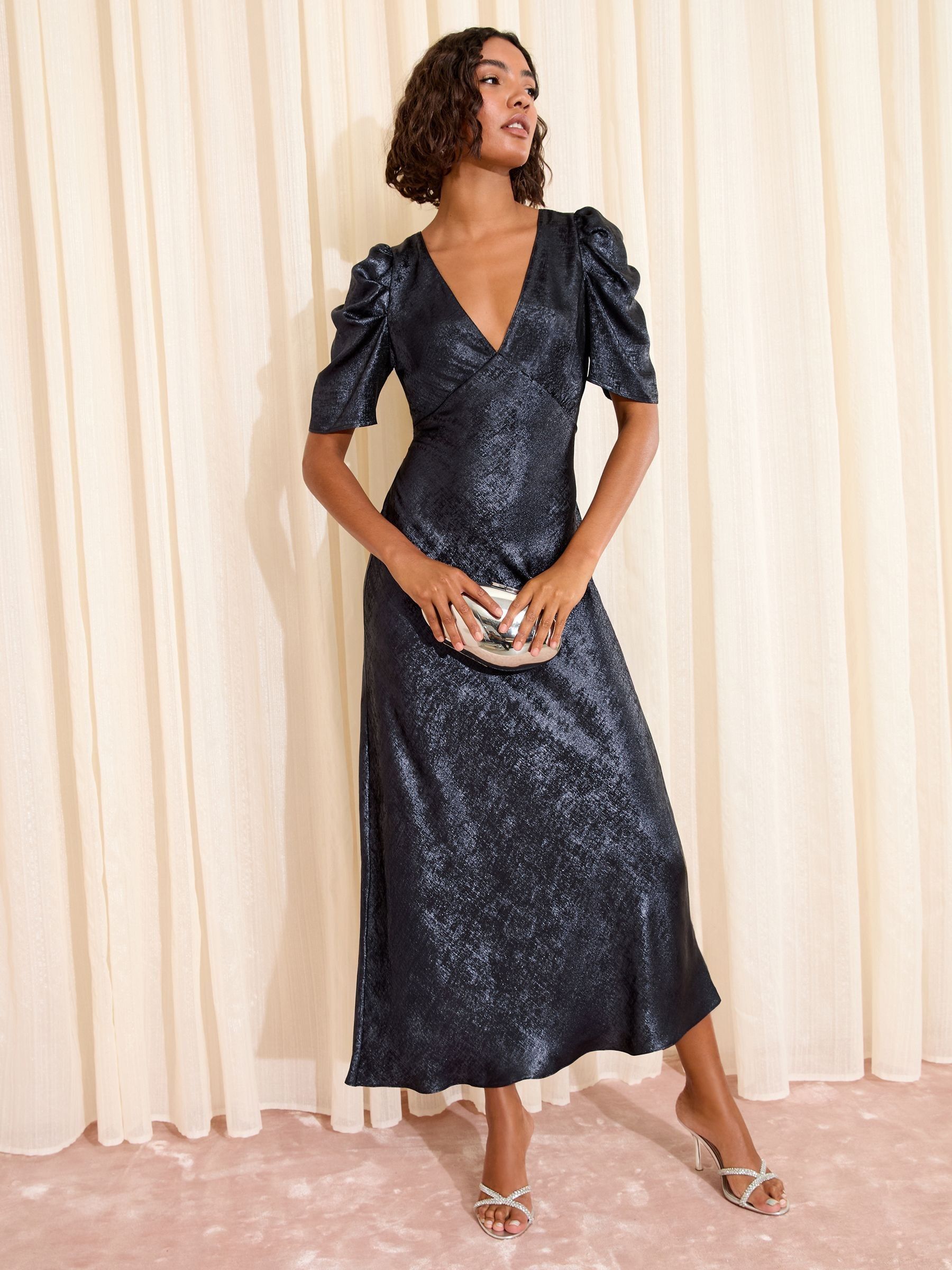 Buy Friends Like These Navy Lurex Ruched Puff Sleeve V-Neck Midi