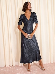 Friends Like These Navy Lurex Ruched Puff Sleeve V-Neck Midi Dress - Image 1 of 4