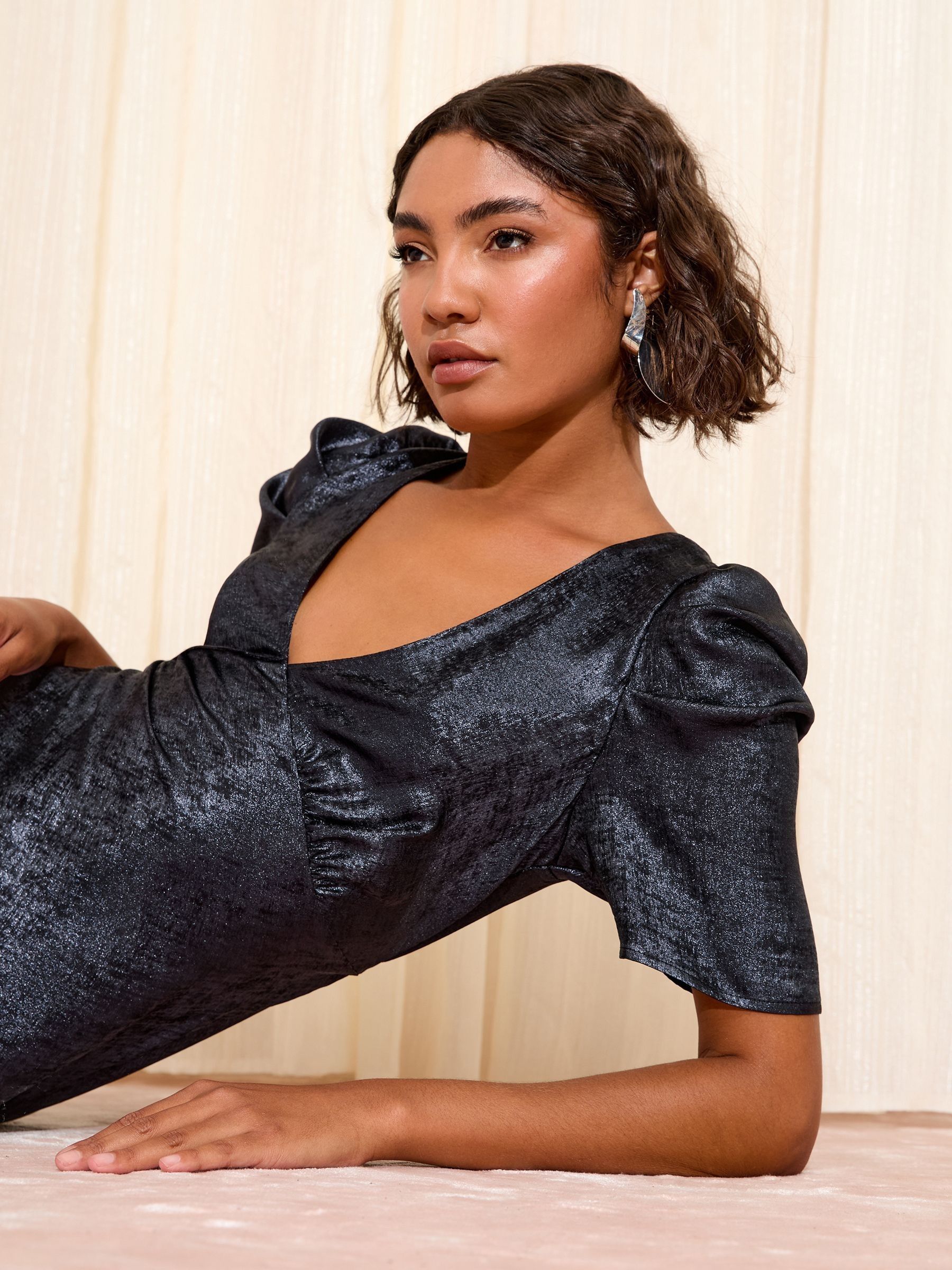 Buy Friends Like These Navy Lurex Ruched Puff Sleeve V-Neck Midi