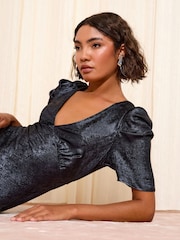 Friends Like These Navy Lurex Ruched Puff Sleeve V-Neck Midi Dress - Image 2 of 4