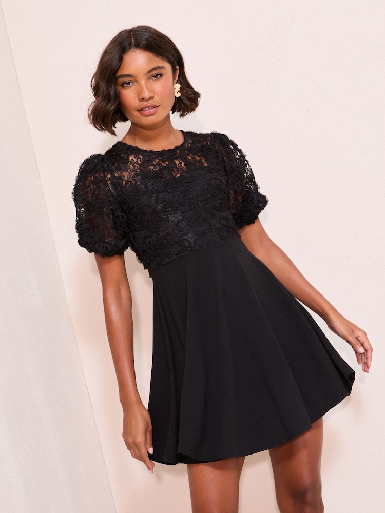 Friends Like These Black 3D Floral Scuba Mix Puff Sleeve Mini Dress - Image 1 of 4