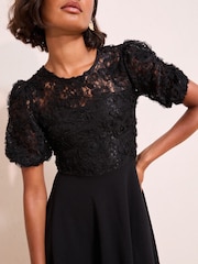 Friends Like These Black 3D Floral Scuba Mix Puff Sleeve Mini Dress - Image 2 of 4
