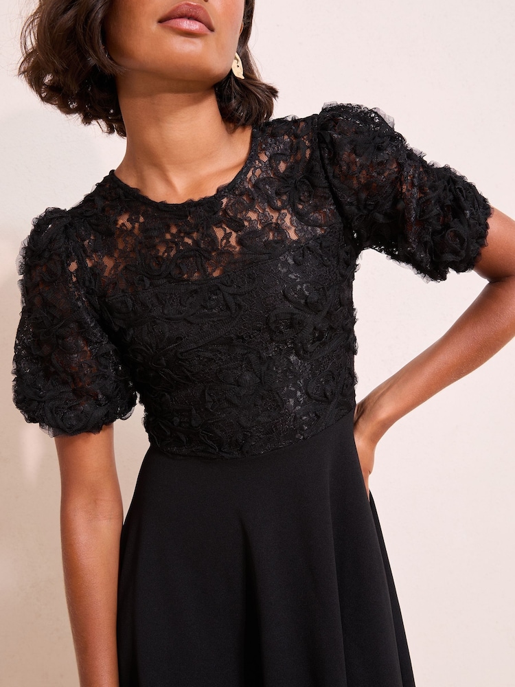 Friends Like These Black 3D Floral Scuba Mix Puff Sleeve Mini Dress - Image 2 of 4