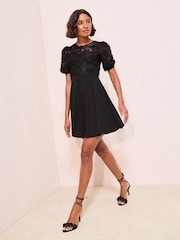 Friends Like These Black 3D Floral Scuba Mix Puff Sleeve Mini Dress - Image 3 of 4