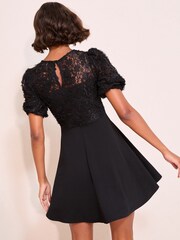 Friends Like These Black 3D Floral Scuba Mix Puff Sleeve Mini Dress - Image 4 of 4