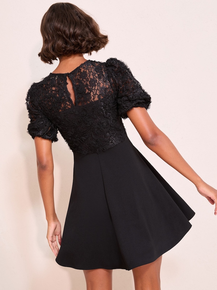 Friends Like These Black 3D Floral Scuba Mix Puff Sleeve Mini Dress - Image 4 of 4