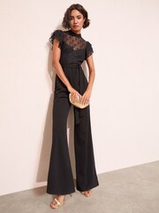 Friends Like These Black Lace Scuba Mix Frill Sleeve Jumpsuit - Image 2 of 4