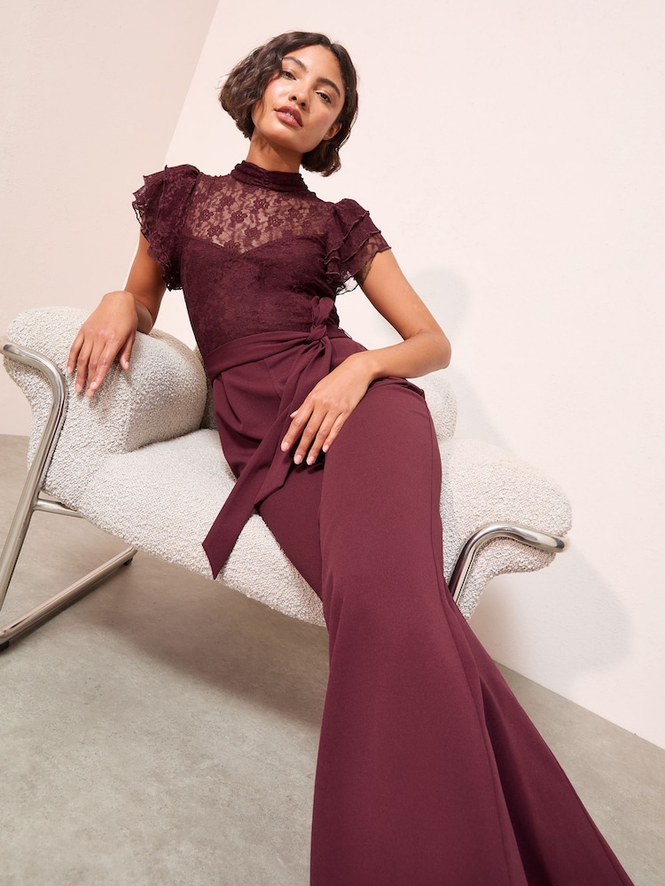 Friends Like These Purple Lace Scuba Mix Frill Sleeve Jumpsuit - Image 1 of 5