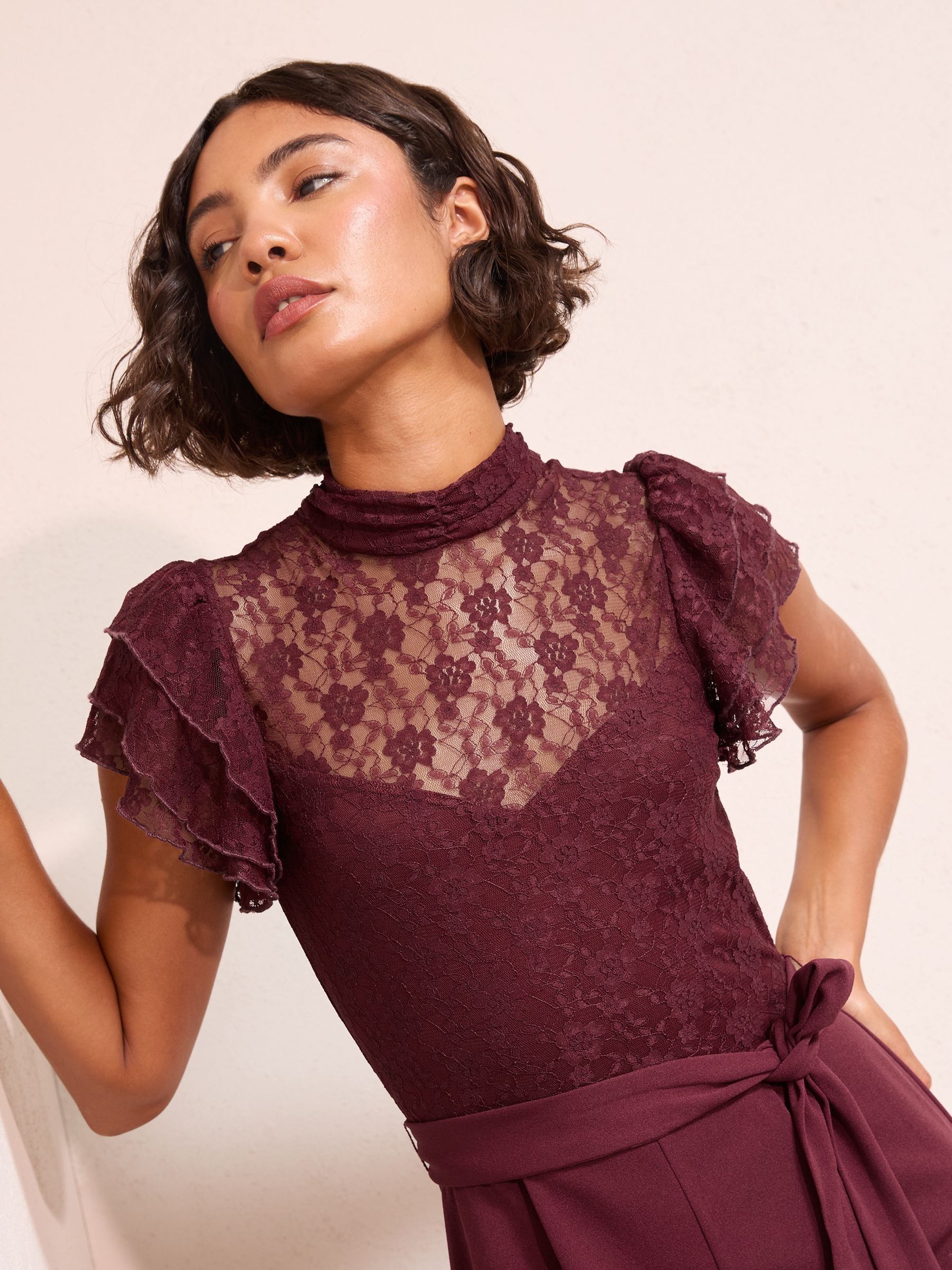 Buy Friends Like These Purple Lace Scuba Mix Frill Sleeve Jumpsuit