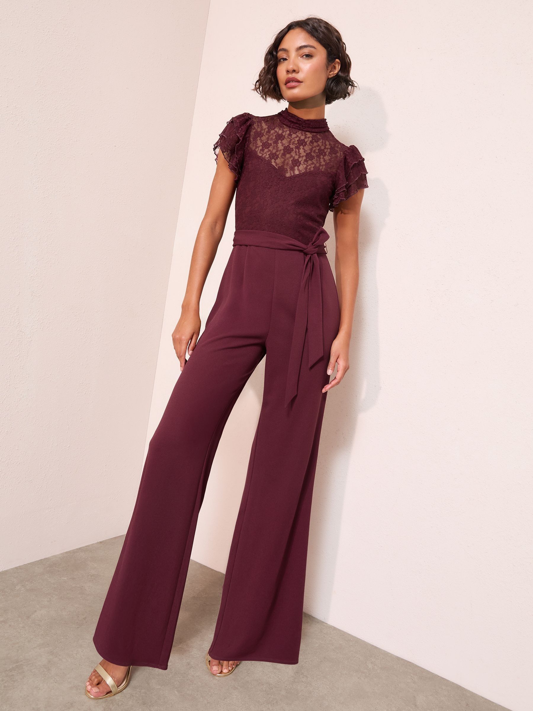 Buy Friends Like These Purple Lace Scuba Mix Frill Sleeve Jumpsuit