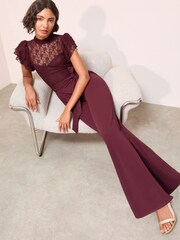 Friends Like These Purple Lace Scuba Mix Frill Sleeve Jumpsuit - Image 4 of 5
