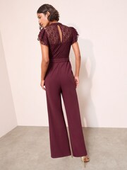 Friends Like These Purple Lace Scuba Mix Frill Sleeve Jumpsuit - Image 5 of 5