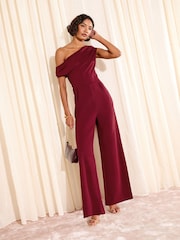 Friends Like These Berry Red Petite Off The Shoulder Scuba Wide Leg Jumpsuit - Image 2 of 5