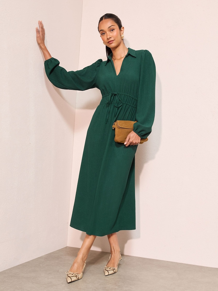 Friends Like These Green V-Neck Collar Long Sleeve Textured Jersey Midi Dress - Image 1 of 4 Friends Like These Green V-Neck Collar Long Sleeve Textured Jersey Midi Dress - Image 1 of 4