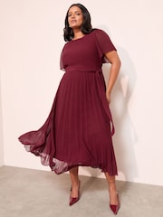Friends Like These Burgundy Red Curve Angel Sleeve Chiffon Pleat Midi Dress - Image 1 of 4