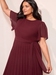 Friends Like These Burgundy Red Curve Angel Sleeve Chiffon Pleat Midi Dress - Image 2 of 4