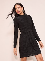 Friends Like These Black Floral Burnout Long Sleeve Mini Dress - Image 1 of 4
