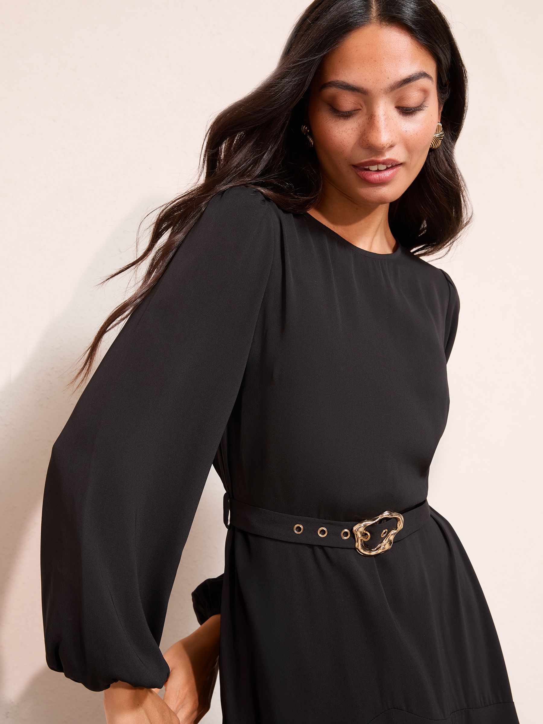 scoop women's blouson sleeve belted waist pleated oversized midi dress Women's Scoop Blouson Sleeve Belt Waist Pleated Midi Dress Black XL(16-18)