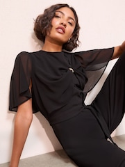 Friends Like These Navy Petite Scuba Jumpsuit With Chiffon Overlay - Image 4 of 5