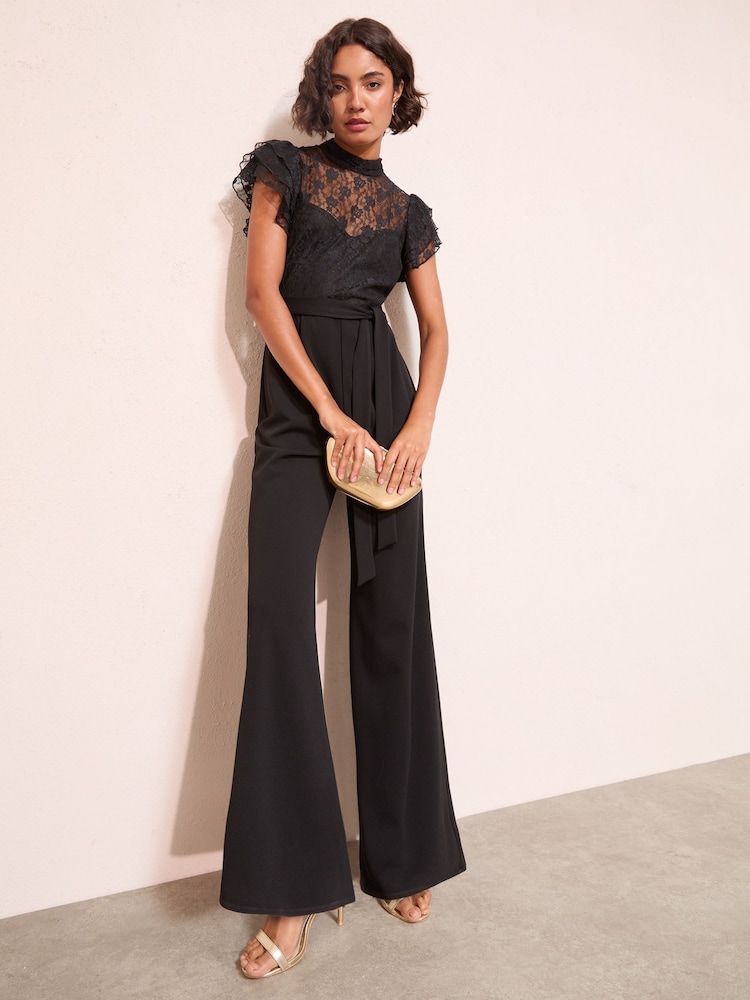 Friends Like These Black Petite Lace Scuba Mix Frill Sleeve Jumpsuit - Image 2 of 4