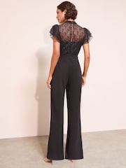 Friends Like These Black Petite Lace Scuba Mix Frill Sleeve Jumpsuit - Image 4 of 4