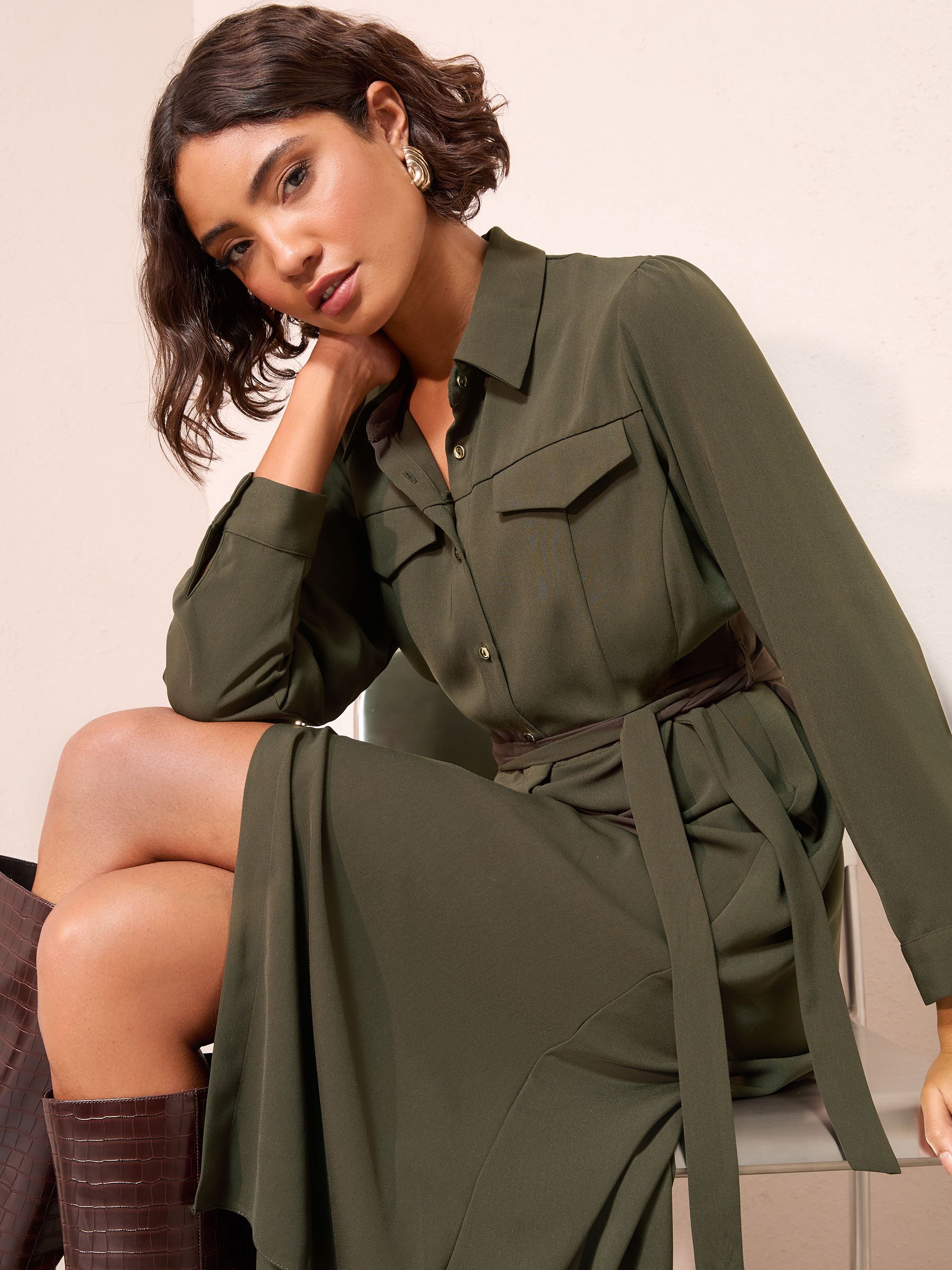 khaki green shirt dress Green Polyester Shirt Dress | Long Sleeve Midi