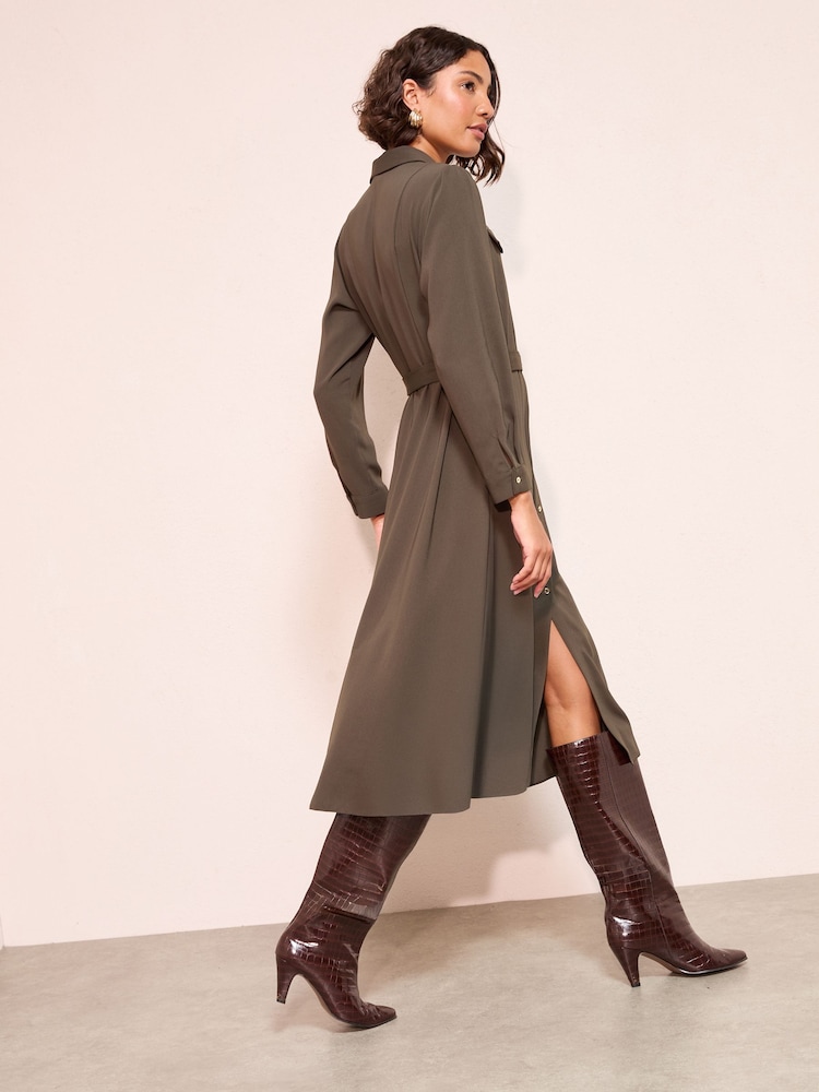 Friends Like These Khaki Green Petite Long Sleeve Button Through Collar Midi Shirt Dress - Image 4 of 4 Friends Like These Khaki Green Petite Long Sleeve Button Through Collar Midi Shirt Dress - Image 4 of 4
