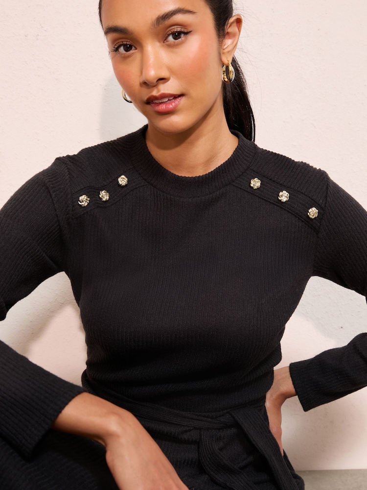 Friends Like These Black Petite Long Sleeve Belted Cosy Mini Dress - Image 2 of 4 Friends Like These Black Petite Long Sleeve Belted Cosy Mini Dress - Image 2 of 4