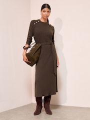 Friends Like These Chocolate Brown Petite Long Sleeve Belted Cosy Mini Dress - Image 3 of 5